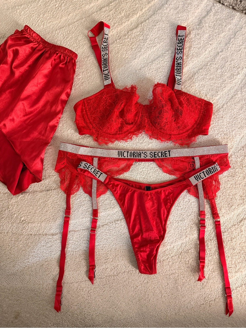 Victoria's Secret Red Lace Bra, Garter Belt & Thong Set